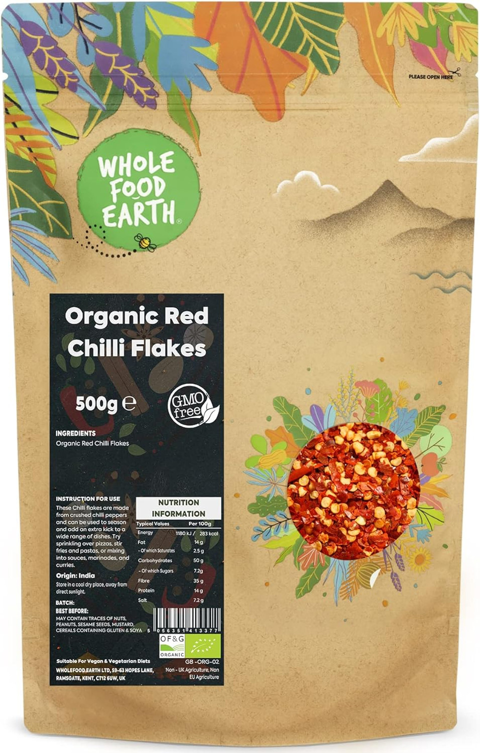 Wholefood Earth Organic Red Chilli Flakes 100 g | GMO Free | Certified Organic