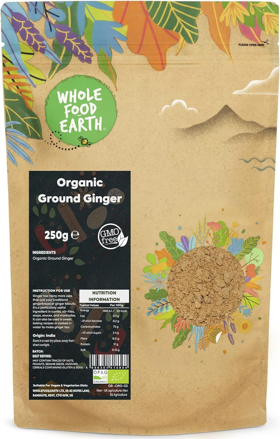 Wholefood Earth Organic Ground Ginger 1 kg | GMO Free | Certified Organic