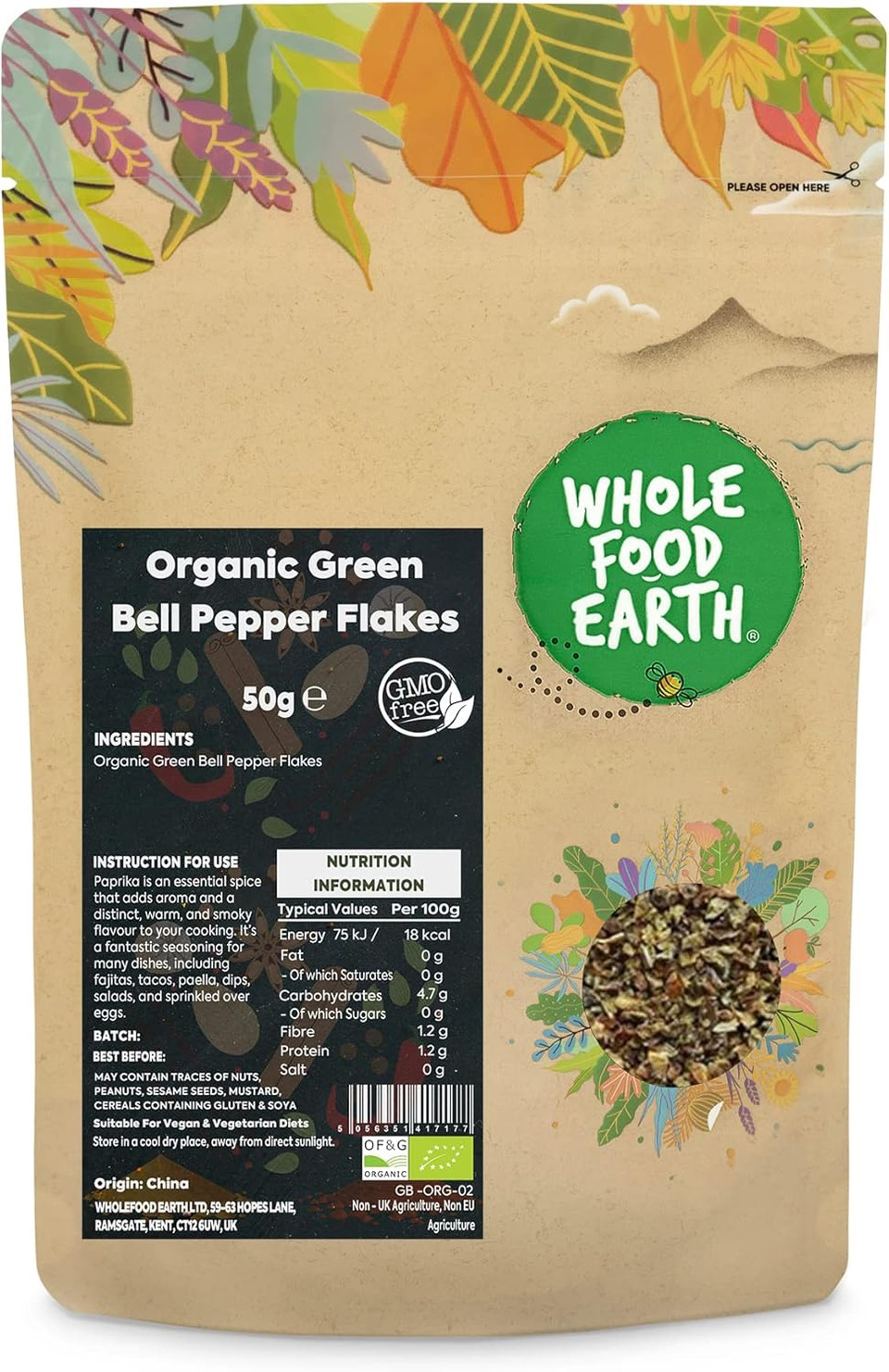 Wholefood Earth Organic Green Bell Pepper Flakes 50 g | GMO Free | Certified Organic