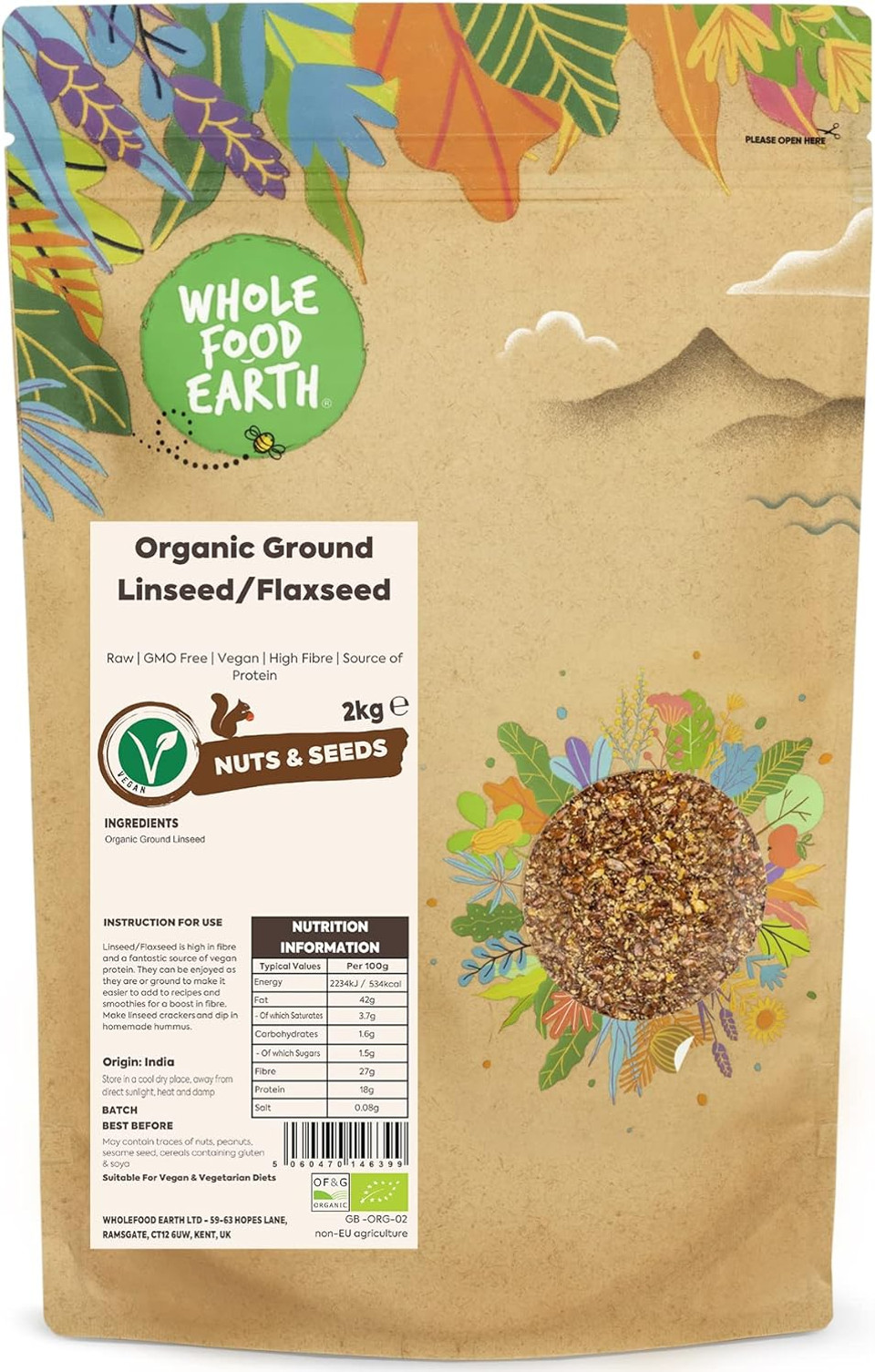 Wholefood Earth Organic Ground Linseed/Flaxseed 2 kg Raw | GMO Free | Vegan | High Fibre | Source of Protein | Certified Organic