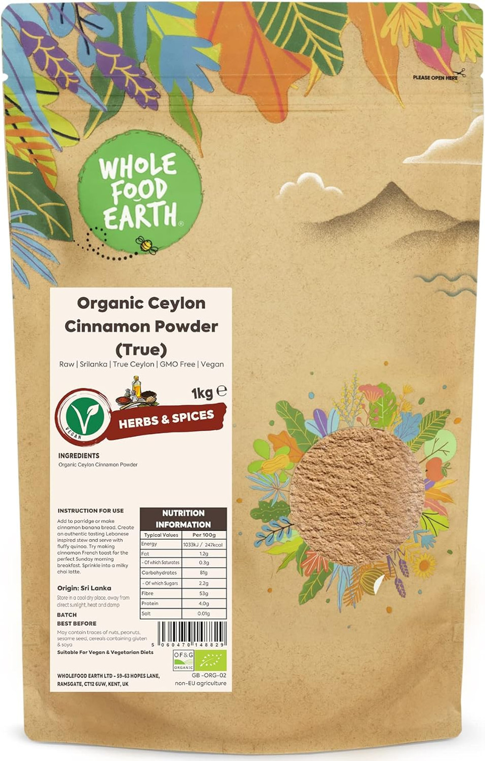 Wholefood Earth Organic Ceylon Cinnamon Powder (True) 500g Raw | Srilanka | True Ceylon | GMO Free | Vegan | Certified Organic