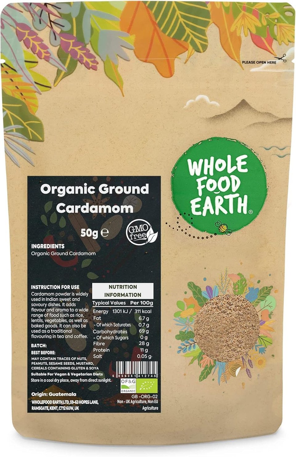 Wholefood Earth Organic Ground Cardamom 50 g | GMO Free | Certified Organic
