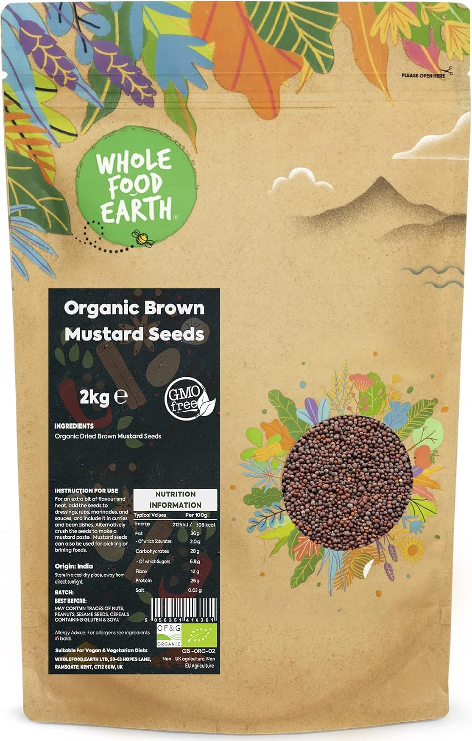 Wholefood Earth Organic Brown Mustard Seeds 1 kg | GMO Free | Certified Organic