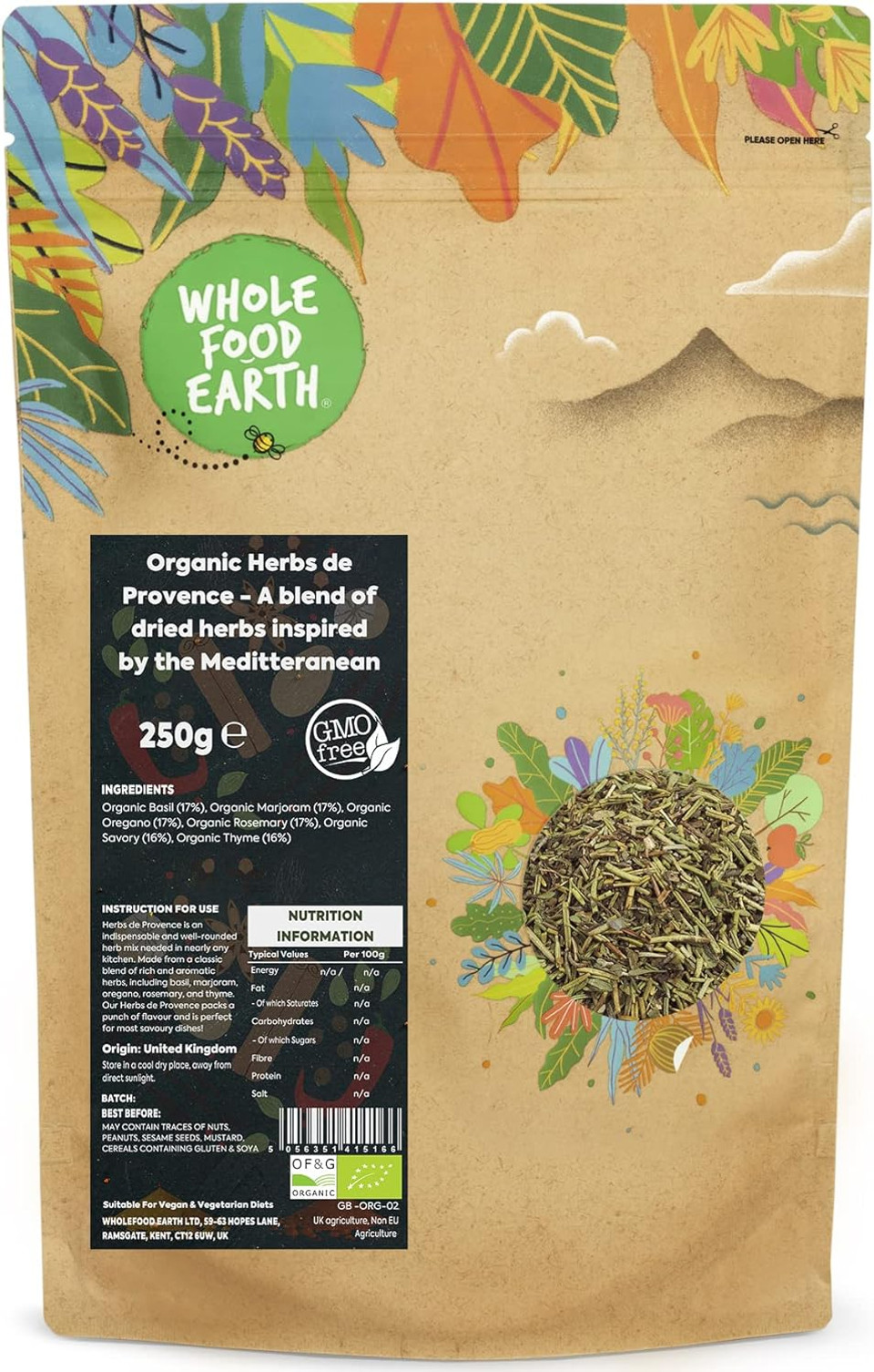 Wholefood Earth Organic Herbs de Provence - A blend of dried herbs inspired by the Meditteranean 1 kg | GMO Free | Certified Organic