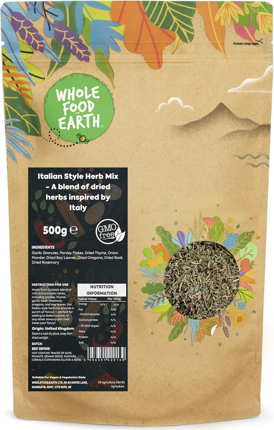 Whole Food Earth® - Italian Style Herb Mix - A blend of dried herbs inspired by Italy 1 kg | GMO Free | Certified Organic