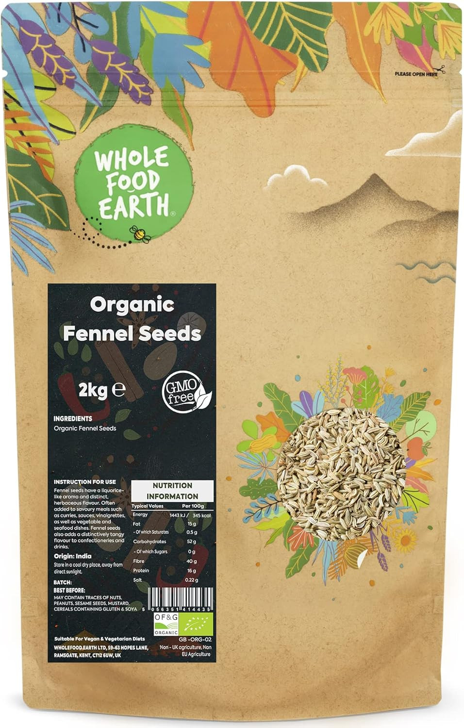 Wholefood Earth Organic Fennel Seeds 2 kg | GMO Free | Certified Organic
