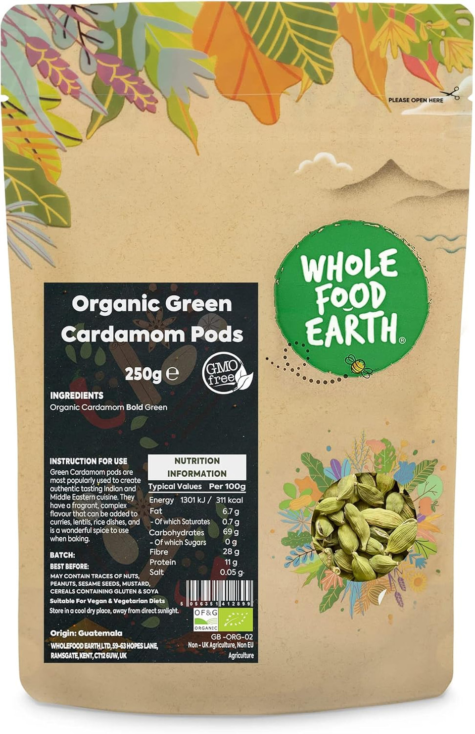 Wholefood Earth Organic Green Cardamom Pods 500 g | GMO Free | Certified Organic
