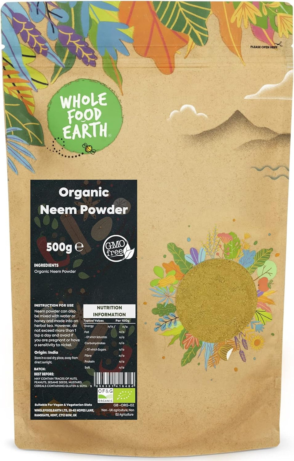 Whole Food Earth® - Organic Neem Powder 500 g | GMO Free | Certified Organic