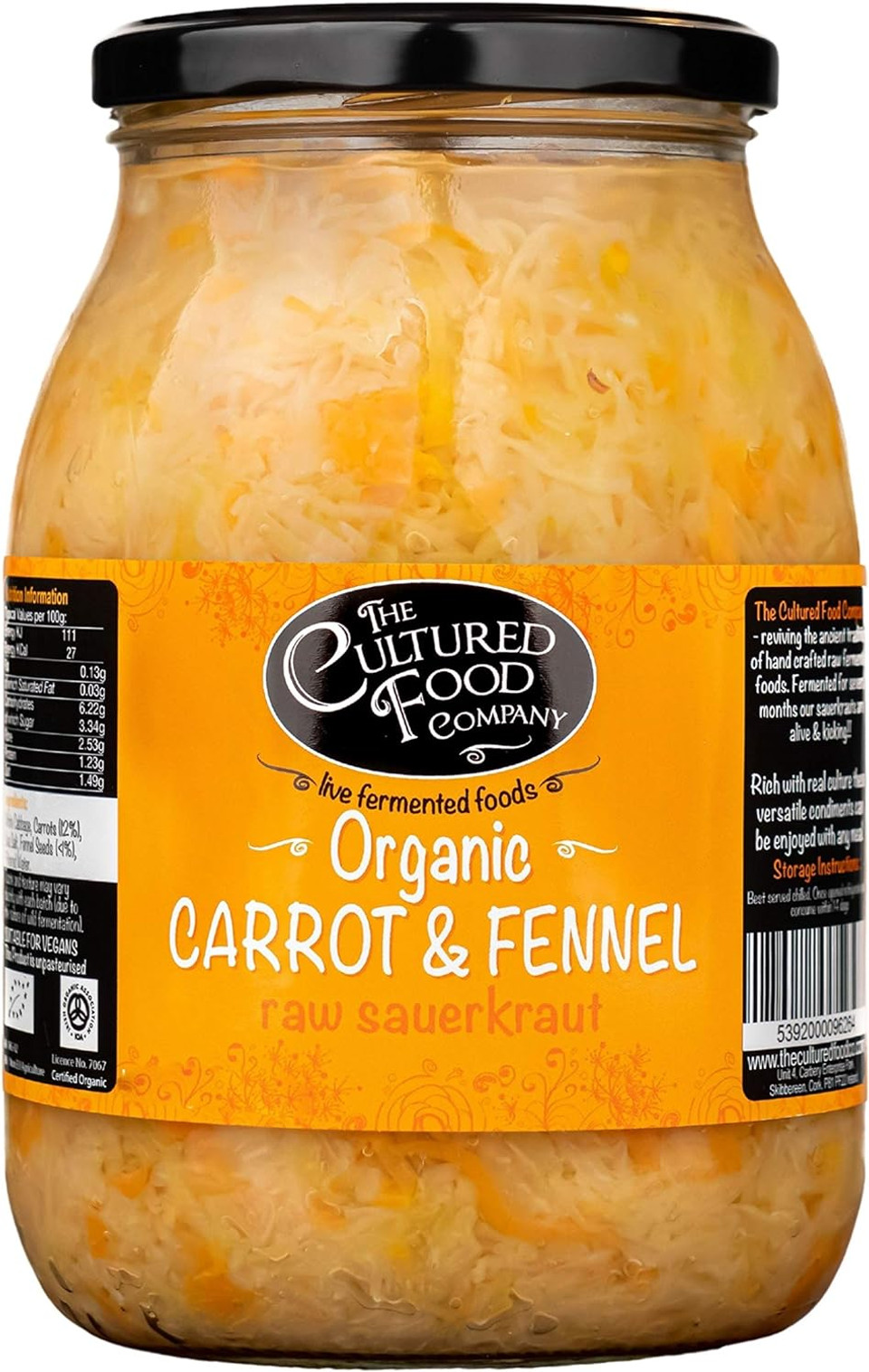The Cultured Food Company - Organic Carrot & Fennel Sauerkraut 1kg Jar - 100% Natural Ingredients- Raw & Unpasteurised - Probiotic Rich - Traditionally Fermented Cabbage- Handmade - No Preservatives