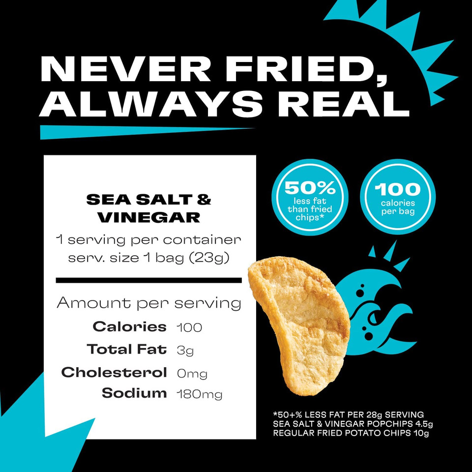 Popchips Potato Chips, Sea Salt & Vinegar Potato Chips, Single Serve Bags (0.8 oz), Gluten Free, Low Fat, No Artificial Flavoring (Pack of 24)