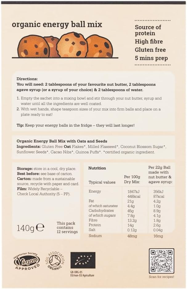 Just Wholefoods Organic Energy Ball Mix 6 x 140g | Vegan, Gluten & Dairy Free, Source of Fibre | Ingredients to make up to 72 Energy Balls |