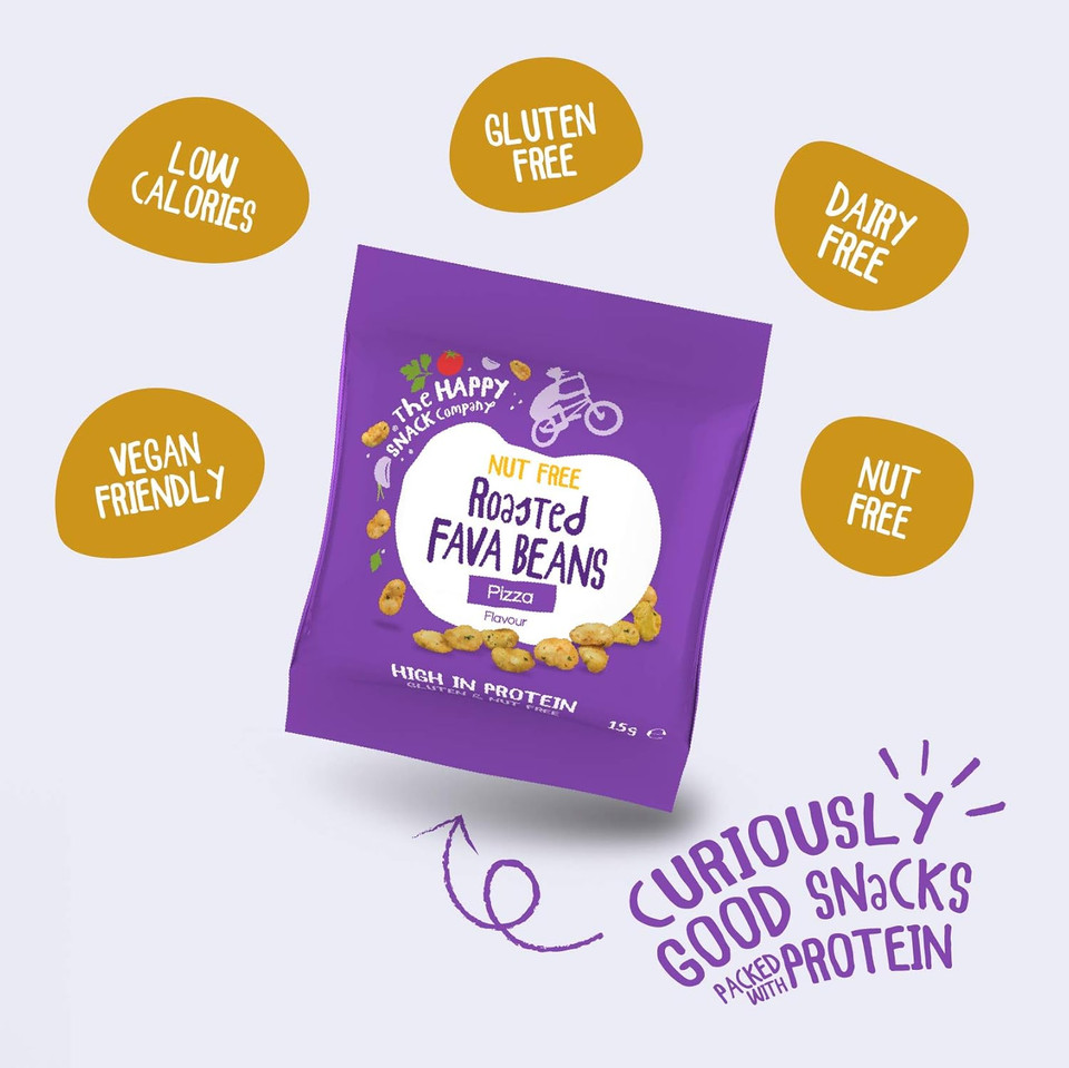 The Happy Snack Company Roasted Fava Beans, Pizza Flavour, Lunchbox Friendly Healthy Snacks, Vegan, High Protein, Low Sugar, Nut and Gluten Free, School Snacks,15g Portion, Trial Pack of 4