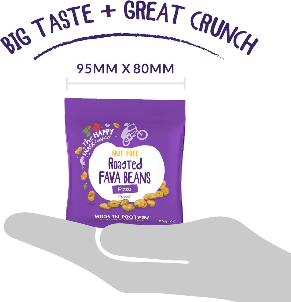 The Happy Snack Company Roasted Fava Beans, Pizza Flavour, Lunchbox Friendly Healthy Snacks, Vegan, High Protein, Low Sugar, Nut and Gluten Free, School Snacks,15g Portion, Trial Pack of 4
