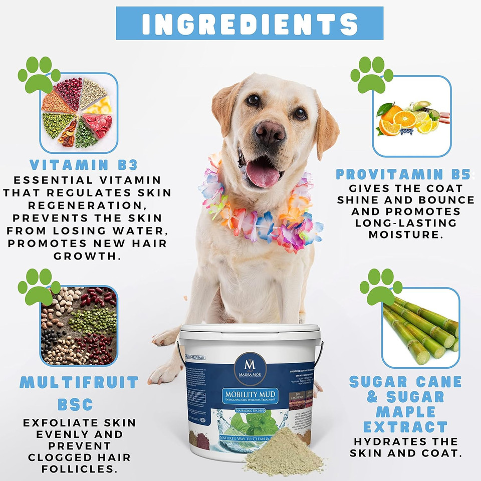 Worldwide Nutrition Madra Mor Mobility Dog Essentials Mud Bath | Dog Bath Spa Treatment for Dog Arthritis Pain Relief | Anti Itch for Dogs Wash for Dog Grooming | 7.5lb Pail w Multi Purpose Key Chain