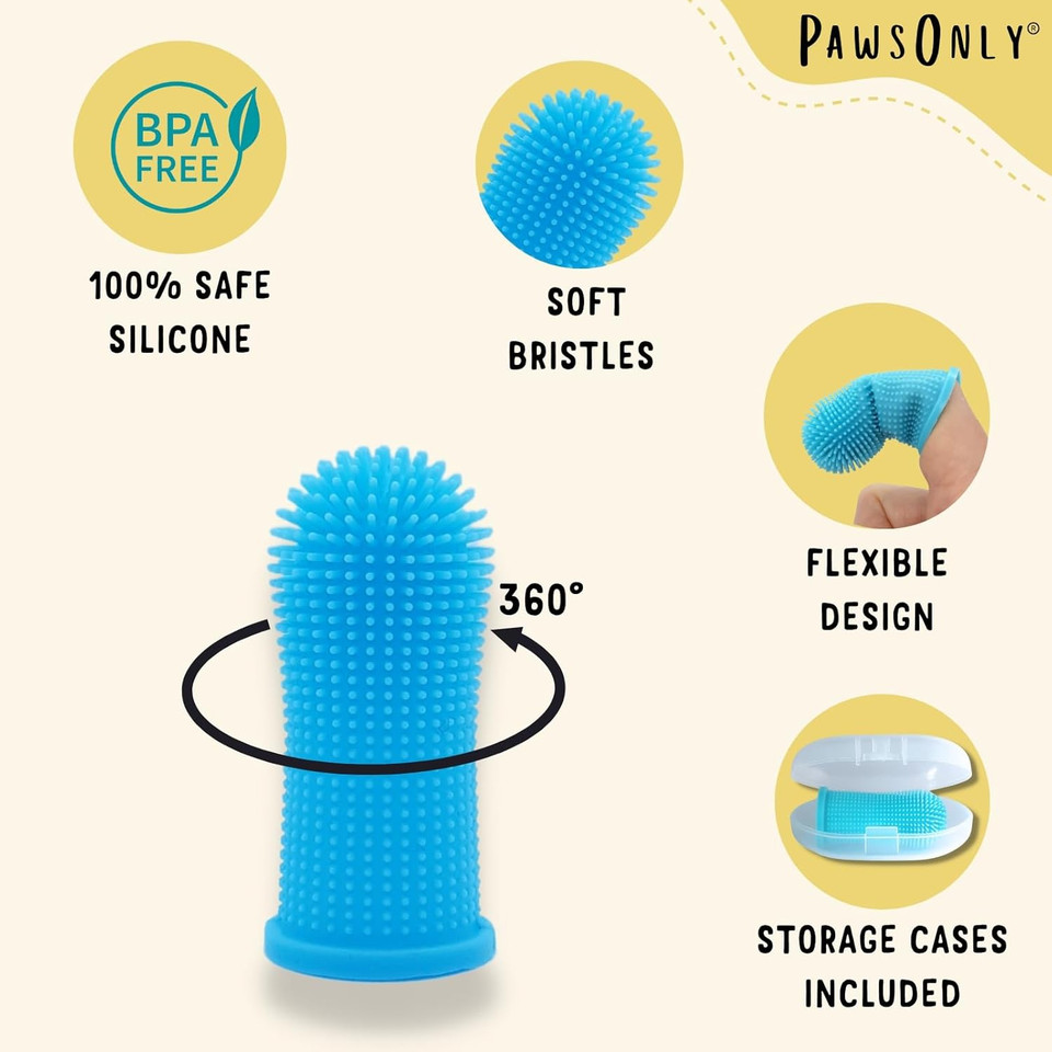 PawsOnly | Dog Finger Toothbrush | Set of 2 with Storage Cases | 360 Degree Soft Bristles | Safe Silicone | Reusable & Flexible | Gentle Teeth Cleaning | Removes Plaque & Tartar (Blue)