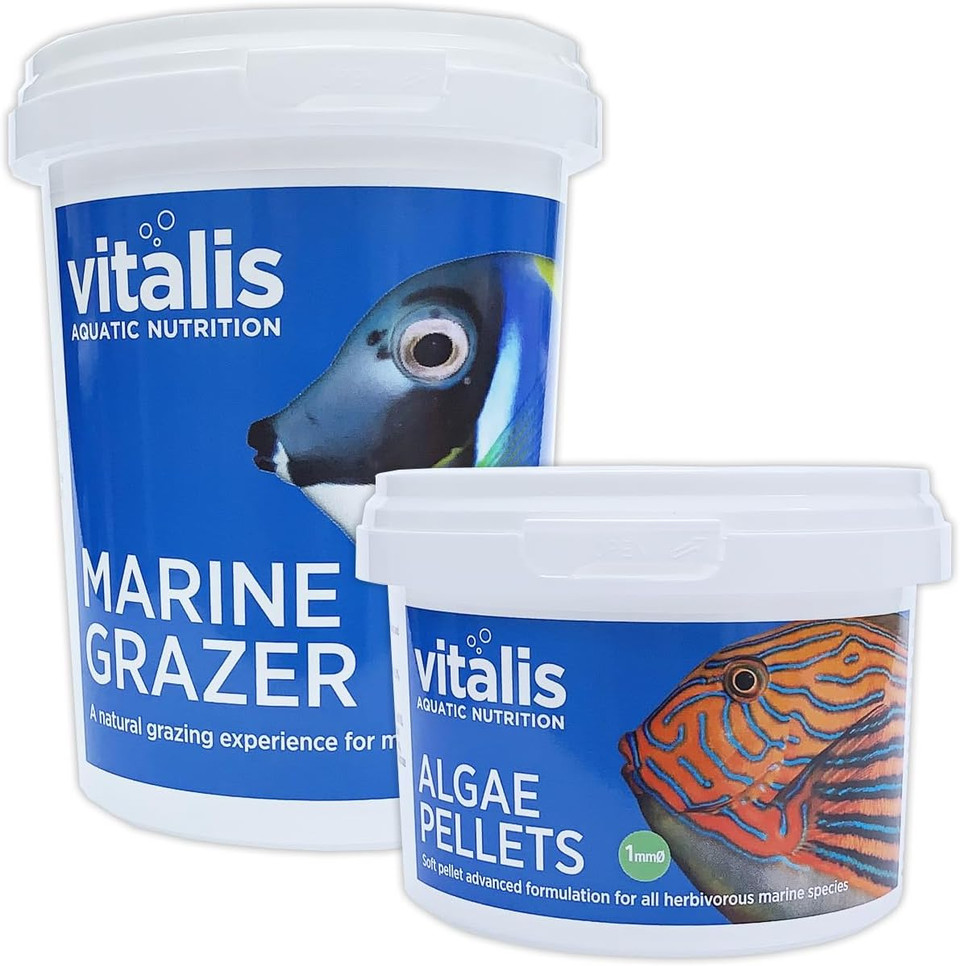 Vitalis Algae Pellets XS 140g & Marine Grazer Mini 240g for Marine Grazers & Herbivore Fish Food Aquarium Tank
