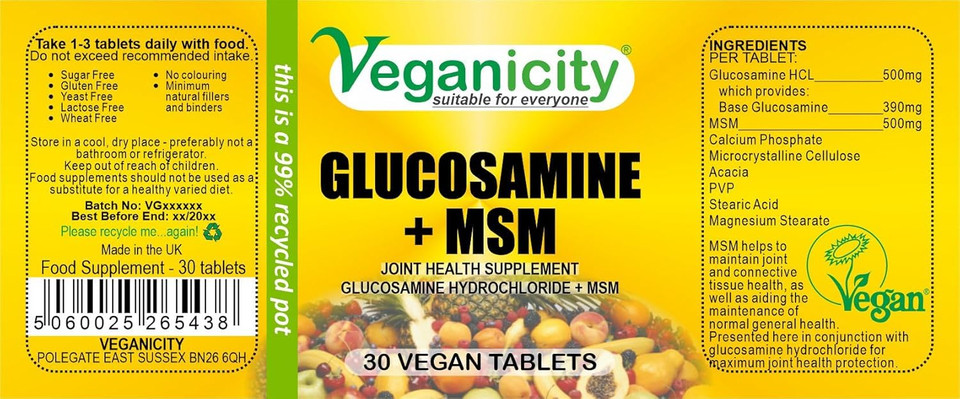 Veganicity Glucosamine HCL + MSM : Joint Health Combination : 30 Tablets, in a Planet-Friendly 99% Recycled Pot