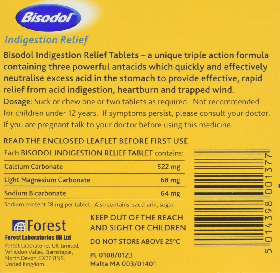 Bisodol Indigestion Relief Tablets - 100 Tablets Fast Relief to Trapped Wind, Acid Indigestion & Heartburn,100 Count (Pack of 1)