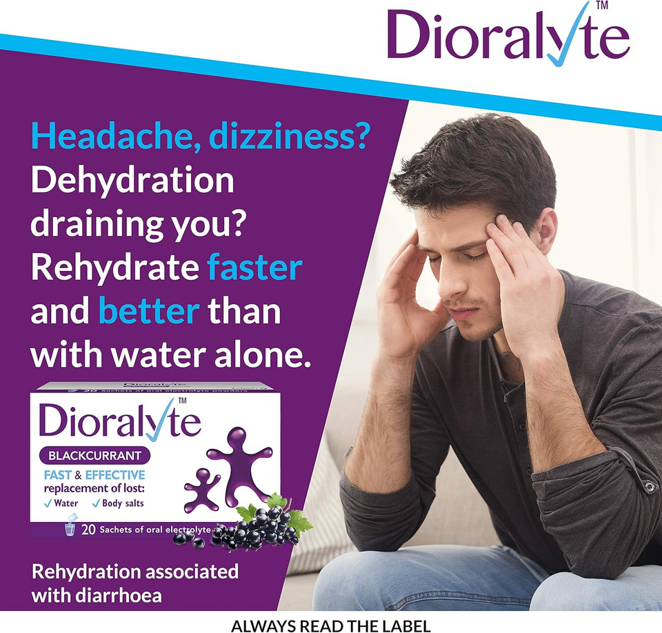 Dioralyte - Fast and Effective Supplement Treatment for Reducing Dehydration and Replacing Electrolytes (mineral salts) of Lost Body Water and Salts- Blackcurrant Flavour - 20 Sachets