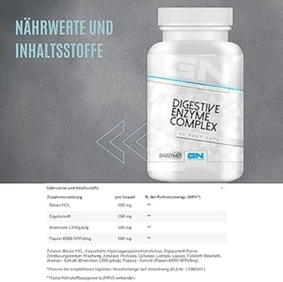 GN Laboratories Digestive Enzymes Complex (60 Capsules) - Comprehensive Blend of Digestive Enzymes - Contains Lactase - Digestive Enzymes Made in Germany