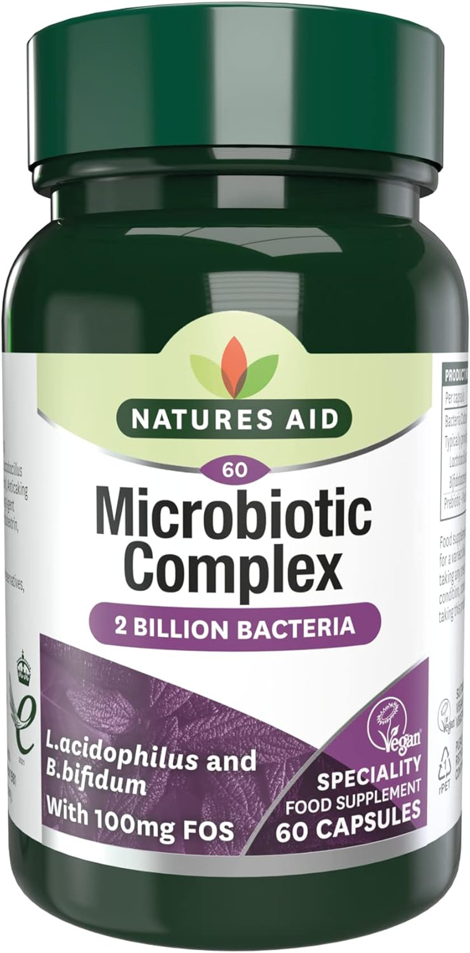 Natures Aid Microbiotic Complex  Digestive Friendly Bacteria Supplement Gut Health Support  High Strength Lactobacillus Acidophilus  Vegan, Vegetarian, Non-GMO, Gluten Free - 60 Capsules