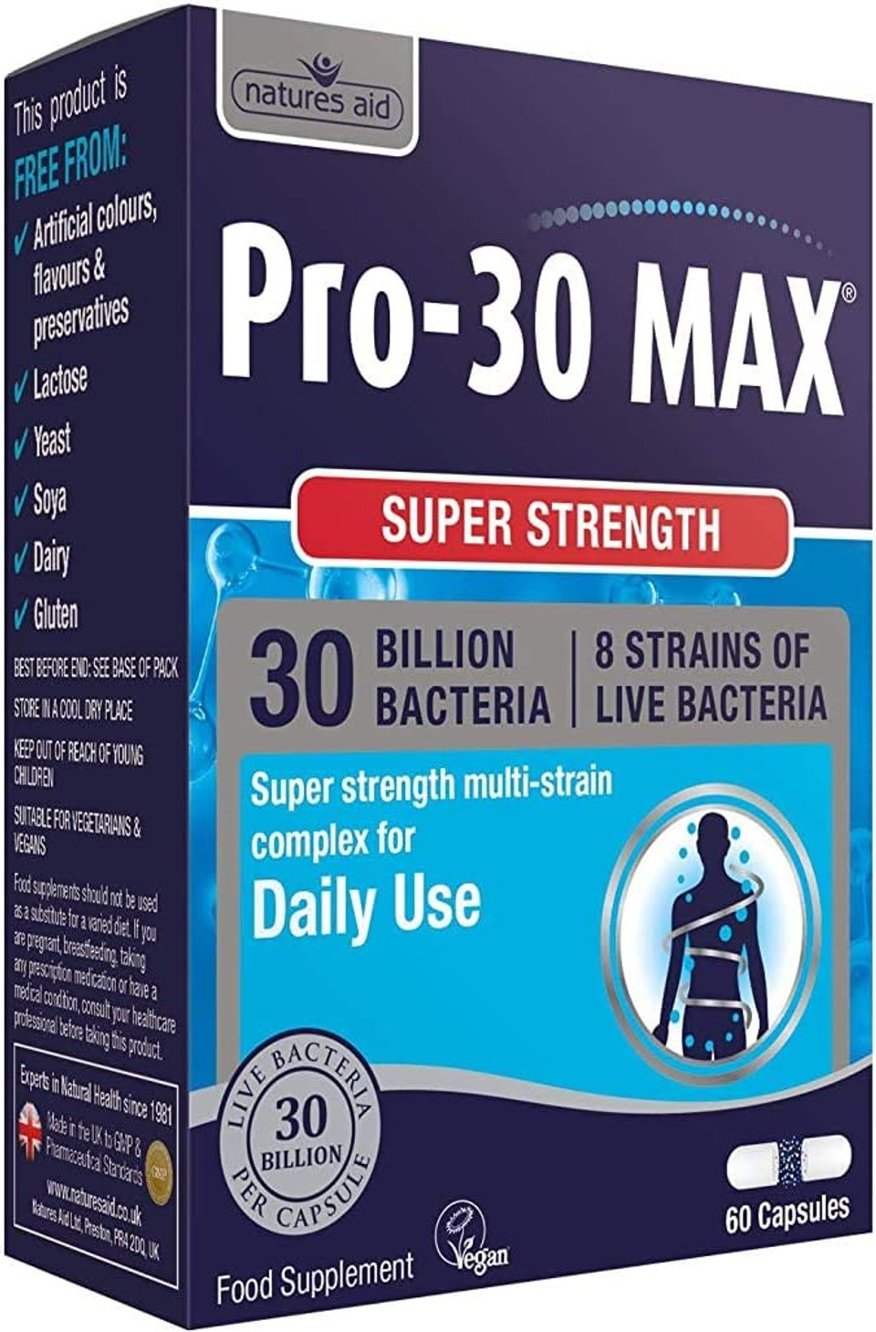 Natures Aid | Pro-30 Max 30 Billion Daily Probiotic Capsules | 1 x 60s