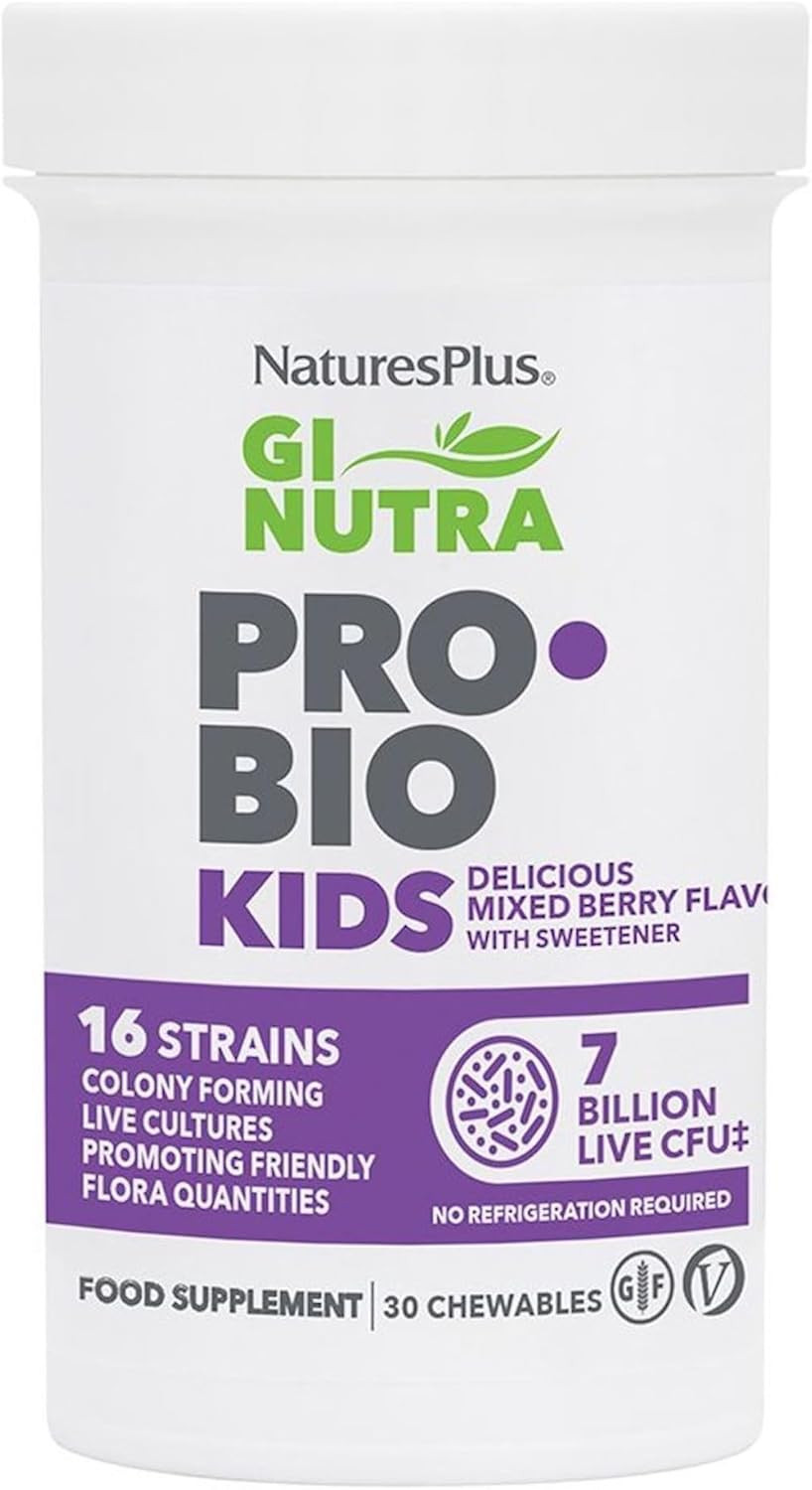 NaturesPlus GI NUTRA Pro Bio Kids - 16 Live Strains, 7 Billion Probiotics for Children with Prebiotics Fibre Complex - L Acidophilus, B. Longum - Vegan, Gluten Free - 30 Chewable Tablets