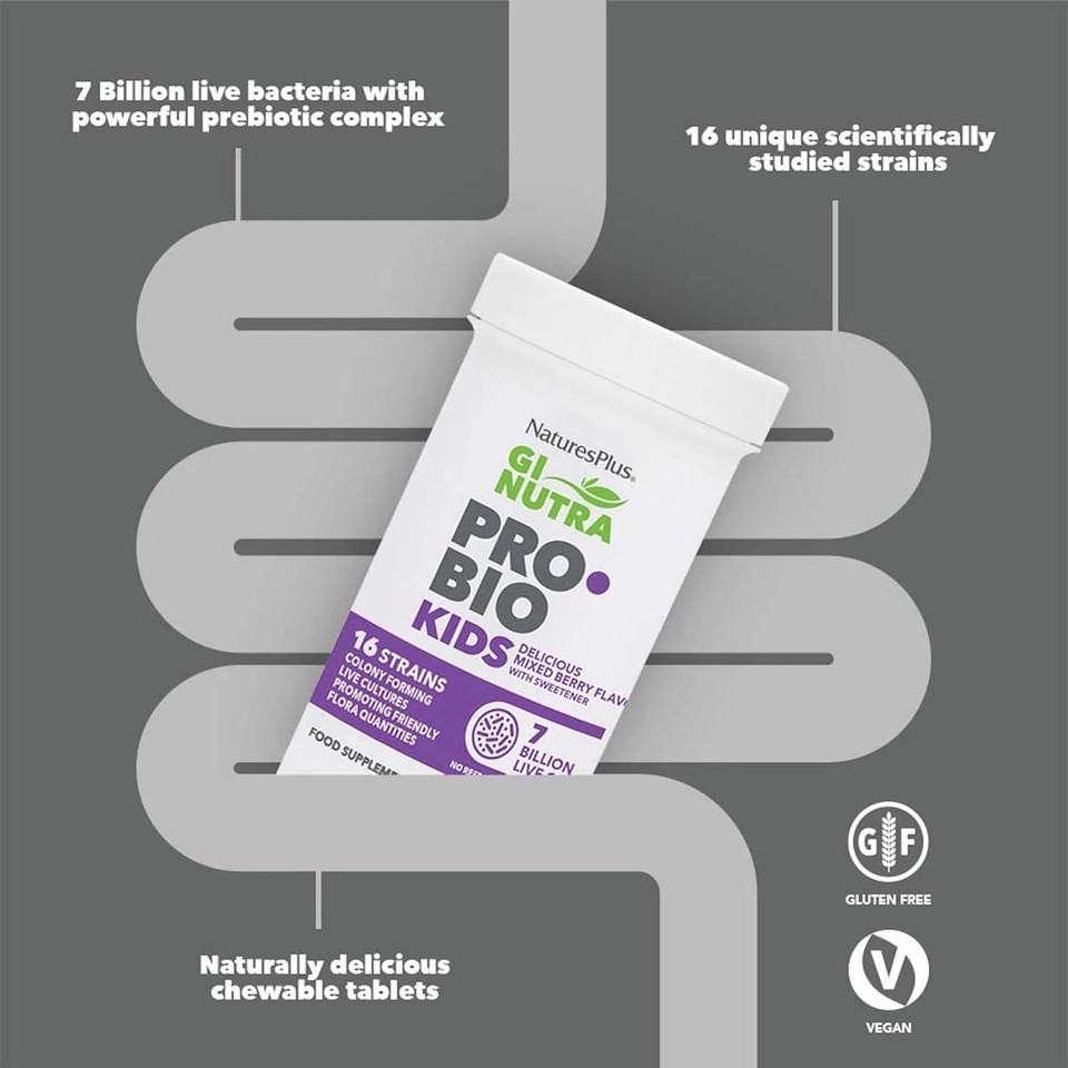 NaturesPlus GI NUTRA Pro Bio Kids - 16 Live Strains, 7 Billion Probiotics for Children with Prebiotics Fibre Complex - L Acidophilus, B. Longum - Vegan, Gluten Free - 30 Chewable Tablets
