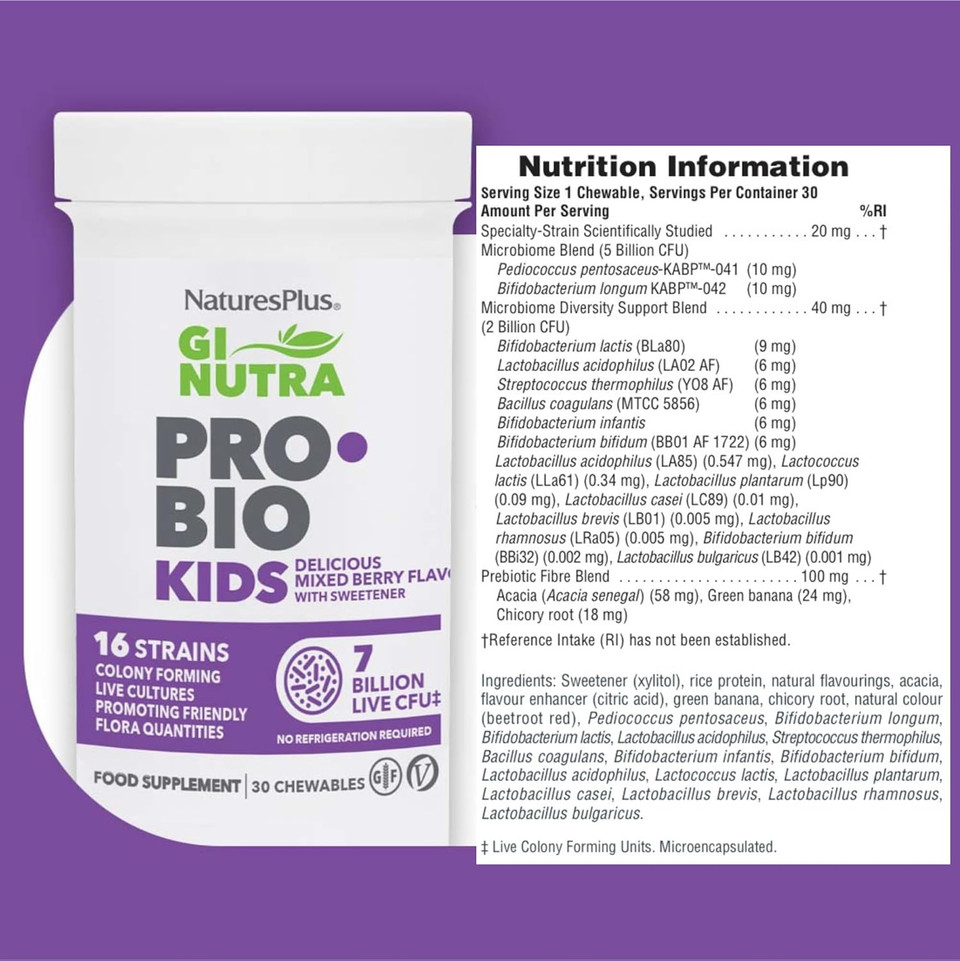 NaturesPlus GI NUTRA Pro Bio Kids - 16 Live Strains, 7 Billion Probiotics for Children with Prebiotics Fibre Complex - L Acidophilus, B. Longum - Vegan, Gluten Free - 30 Chewable Tablets