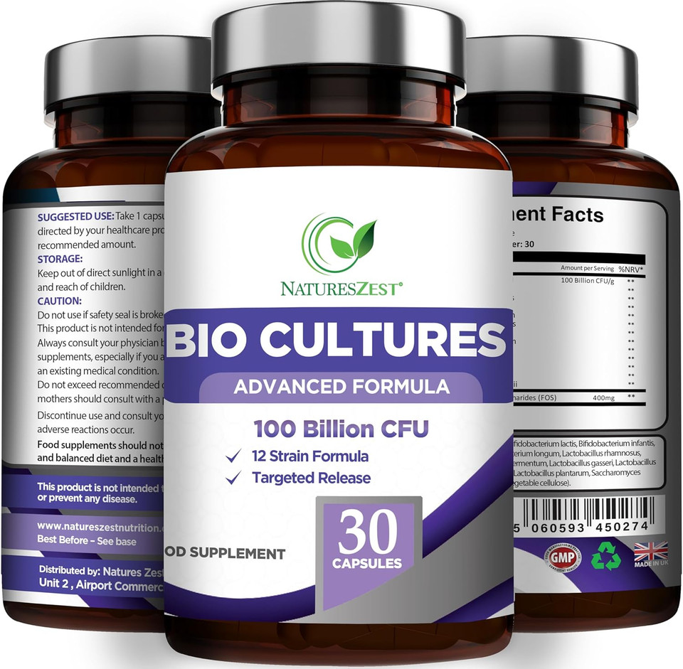 Bio Cultures Complex Probiotics 100 Billion CFU with Prebiotics  Lactobacillus Plantarum & Saccharomyces Boulardii Probiotic - 30 Vegan Capsules  Probiotics for Women & Men  Packaging May Vary