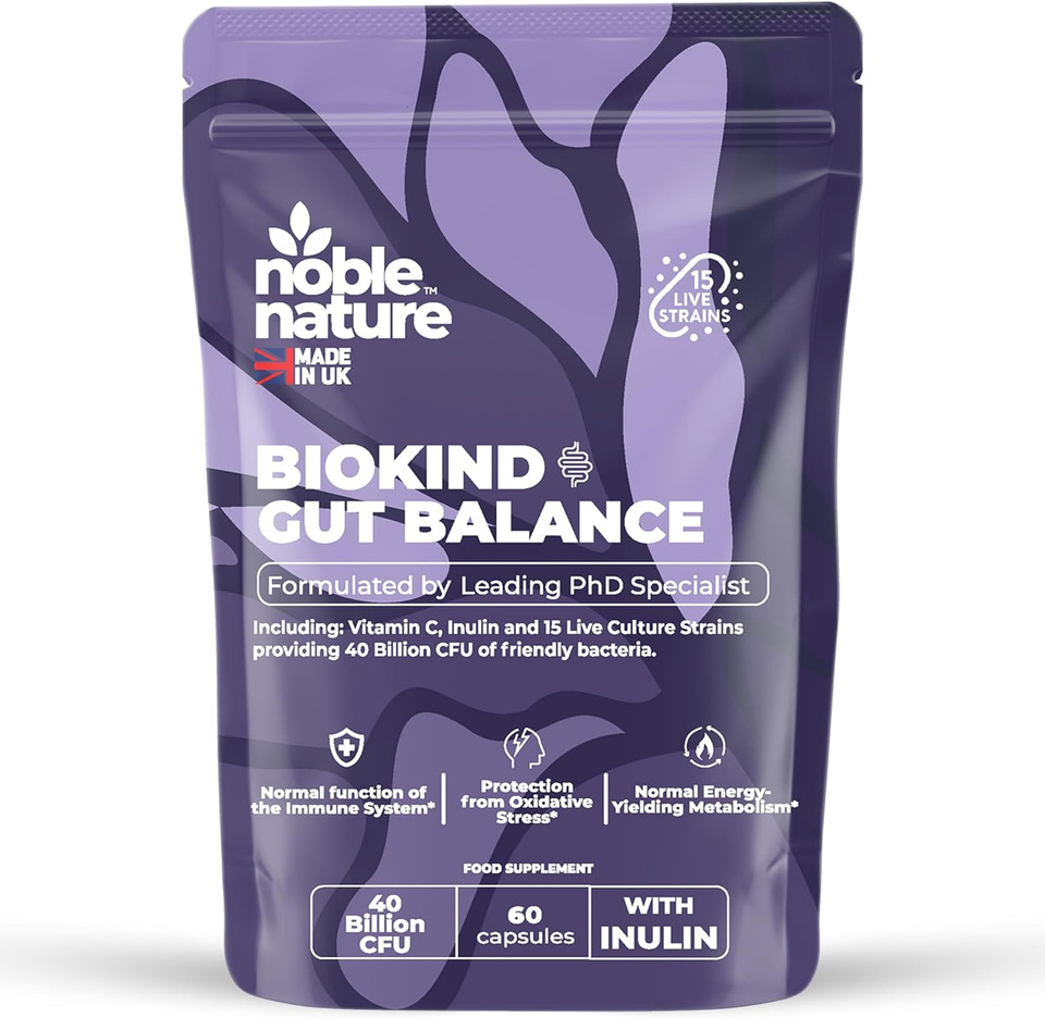 Noble Nature Biokind Gut Balance  40 Billion CFU Friendly Bacteria - Bio Cultures Complex Probiotics - 15 Strains - Lactobacillus & Bifidobacterium for Gut, Immune & Digestive Health (60)