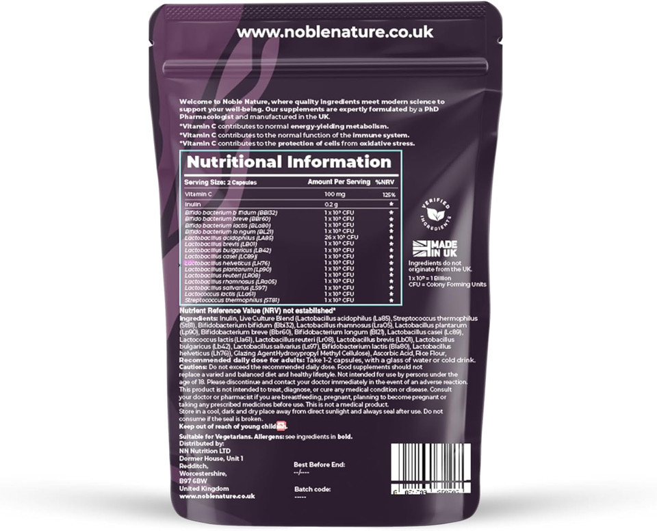 Noble Nature Biokind Gut Balance  40 Billion CFU Friendly Bacteria - Bio Cultures Complex Probiotics - 15 Strains - Lactobacillus & Bifidobacterium for Gut, Immune & Digestive Health (60)