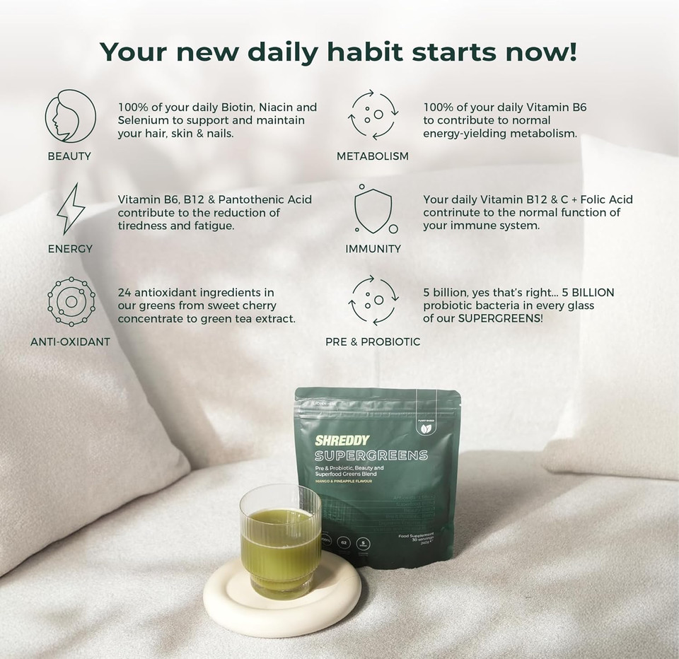 SHREDDY | Probiotic, Beauty, Superfood Greens Blend | 5 Billion Probiotics, 100% NRV Vitamins | 62 Nutrient-Rich Ingredients | Vegan-Friendly | Mango & Pineapple Flavour