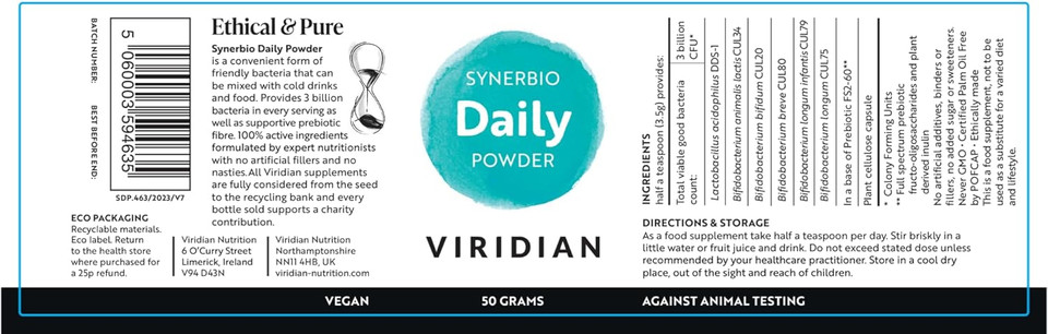 Viridian - Synerbio Daily Powder - 50g | 3 Billion Friendly Bacteria with FS2-60, Full Spectrum Prebiotic & Plant-Derived Inulin | Gentle Formulation | Nutritionist Formulated