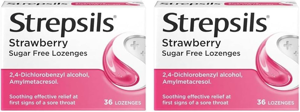 Strepsils Strawberry Lozenges, 36 Count - Fast-Acting Sore Throat Relief, Germ-Fighting, Pain-Relieving, Works in 5 Minutes