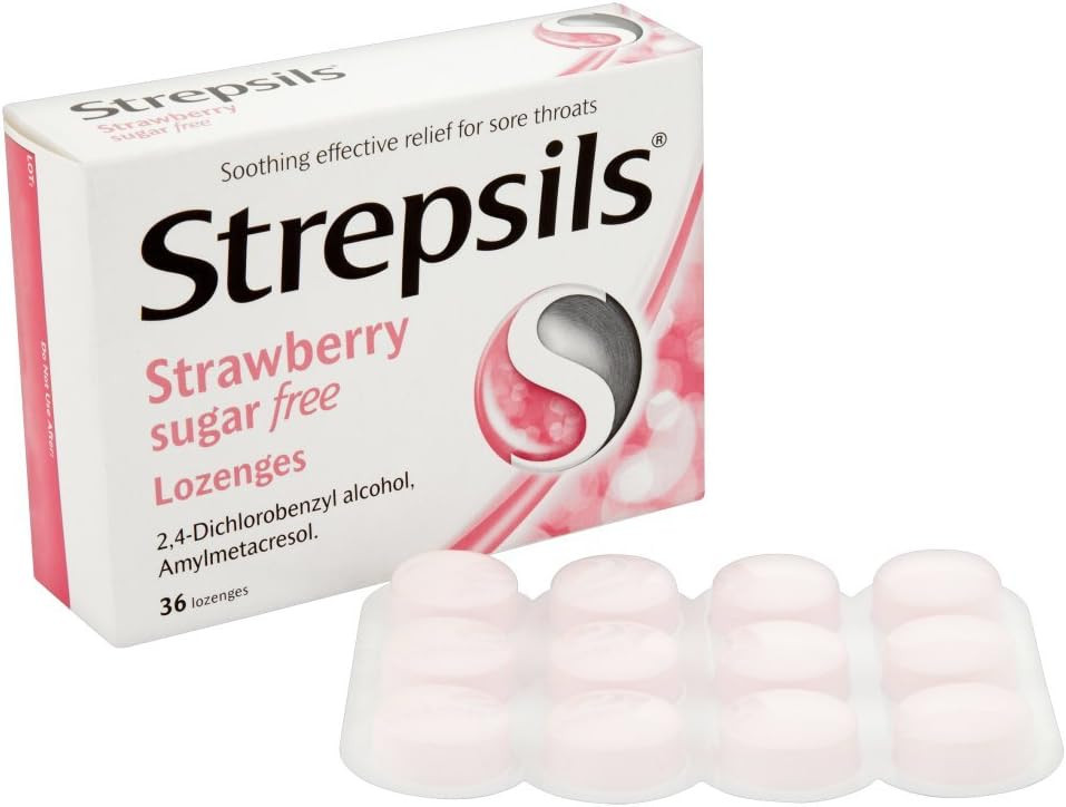 Strepsils Strawberry Lozenges, 36 Count - Fast-Acting Sore Throat Relief, Germ-Fighting, Pain-Relieving, Works in 5 Minutes