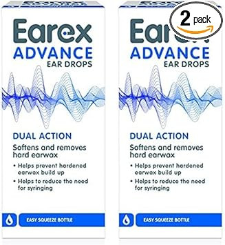 Earex Advance - removes Hard Ear Wax- Prevent Ear Wax Build up - Easy Squeeze Bottle - 12ml (Pack of 2)