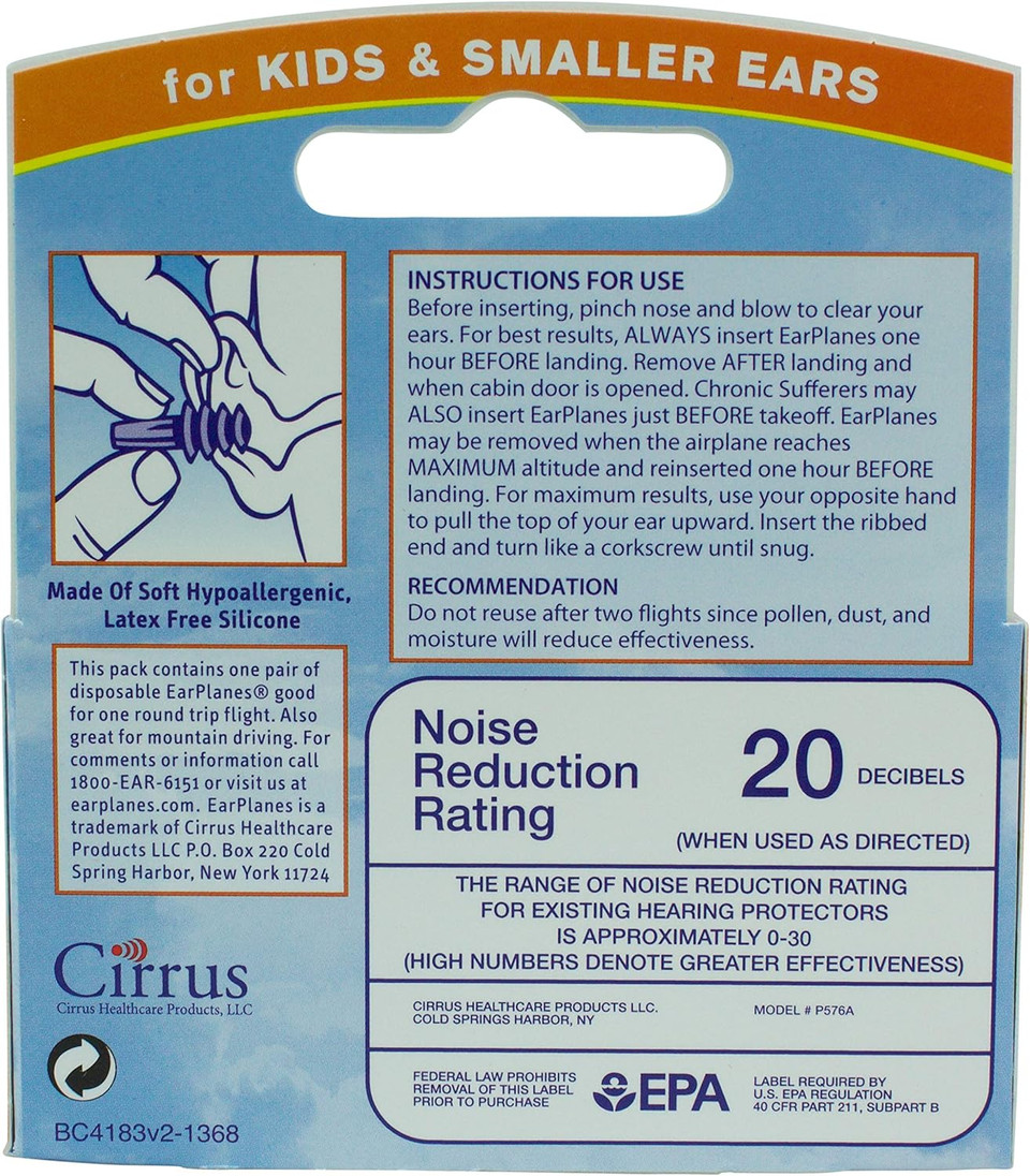 EarPlanes Original Earplugs for Children/Smaller Ears, Pressure Filtering Protection for Airplane Travel (1 Pair) (Pack of 2)