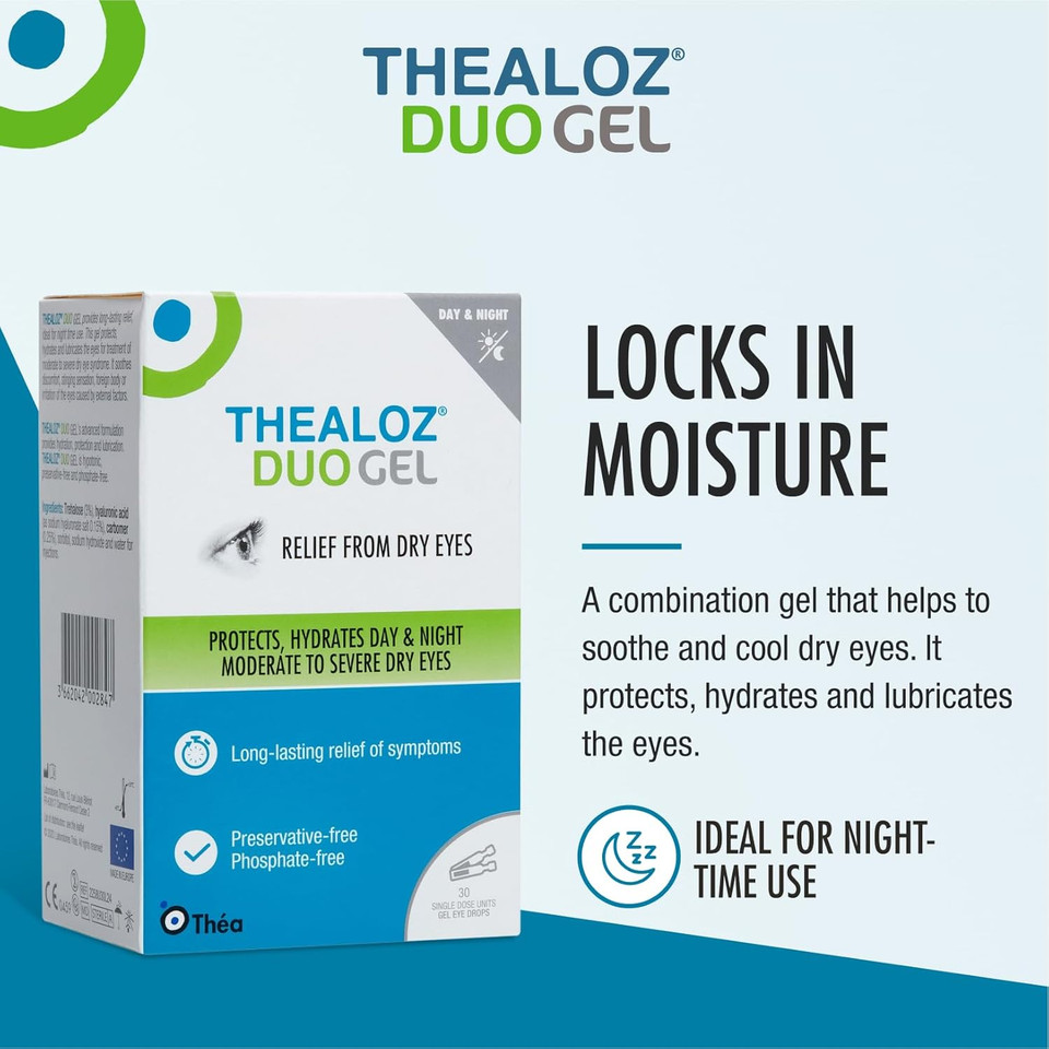 30 Thealoz Duo Gel (Single Dose Vials) Eye Drops - Long-Lasting Relief Day & Night for Dry, Tired & Sore Eyes | Gentle, Preservative-Free Gel | 30 Single Dose Units