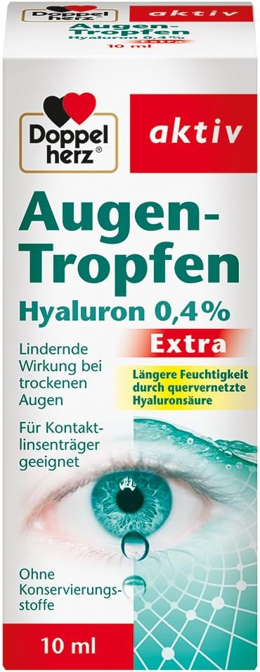 Doppelherz Eye Drops, Extra Hyaluron 0.4%, Moisturising Eye Drops with Soothing Effect for Dry and Irritated Eyes, 1 x 10 ml