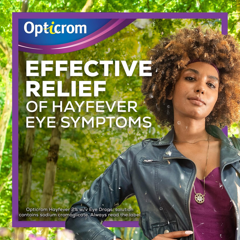 Opticrom Hayfever 2% w/v Eye Drops Solution, Anti-Allergy Relief for Itchy and Irritated Eyes, Fast-Acting Treatment for Hayfever Symptoms with Sodium Cromoglicate, 1 x 10 ml