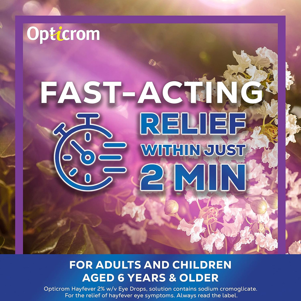Opticrom Hayfever 2% w/v Eye Drops Solution, Anti-Allergy Relief for Itchy and Irritated Eyes, Fast-Acting Treatment for Hayfever Symptoms with Sodium Cromoglicate, 1 x 10 ml