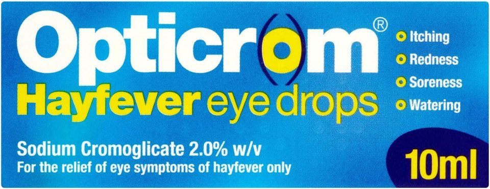 Opticrom Hayfever 2% w/v Eye Drops Solution, Anti-Allergy Relief for Itchy and Irritated Eyes, Fast-Acting Treatment for Hayfever Symptoms with Sodium Cromoglicate, 1 x 10 ml