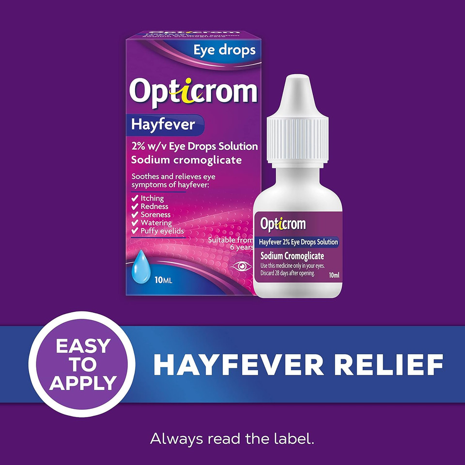 Opticrom Hayfever 2% w/v Eye Drops Solution, Anti-Allergy Relief for Itchy and Irritated Eyes, Fast-Acting Treatment for Hayfever Symptoms with Sodium Cromoglicate, 1 x 10 ml