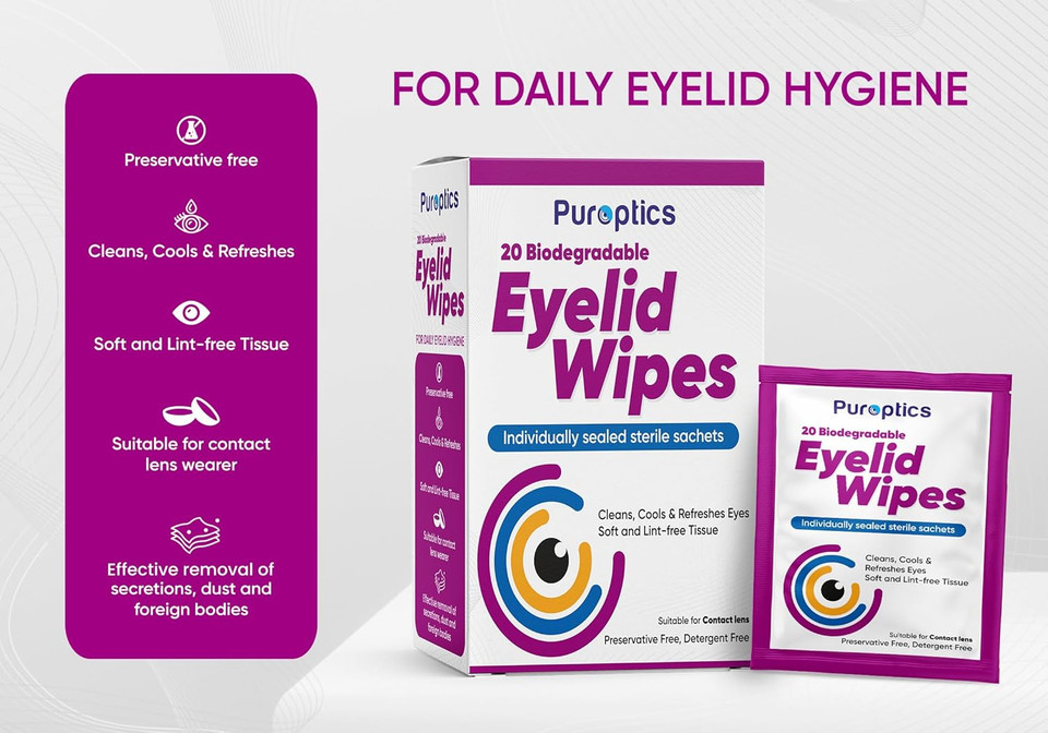 Puroptics Eyelid Wipes | Suitable for use with Sensitive Eyes, Dry Eyes, Blepharitis & MGD | Detergent and Preservative Free | 20 Individually Wrapped Eyelid Cleansing Wipes (1)