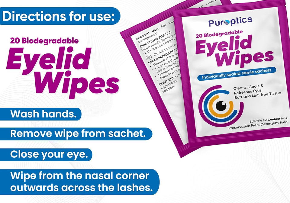 Puroptics Eyelid Wipes | Suitable for use with Sensitive Eyes, Dry Eyes, Blepharitis & MGD | Detergent and Preservative Free | 20 Individually Wrapped Eyelid Cleansing Wipes (1)