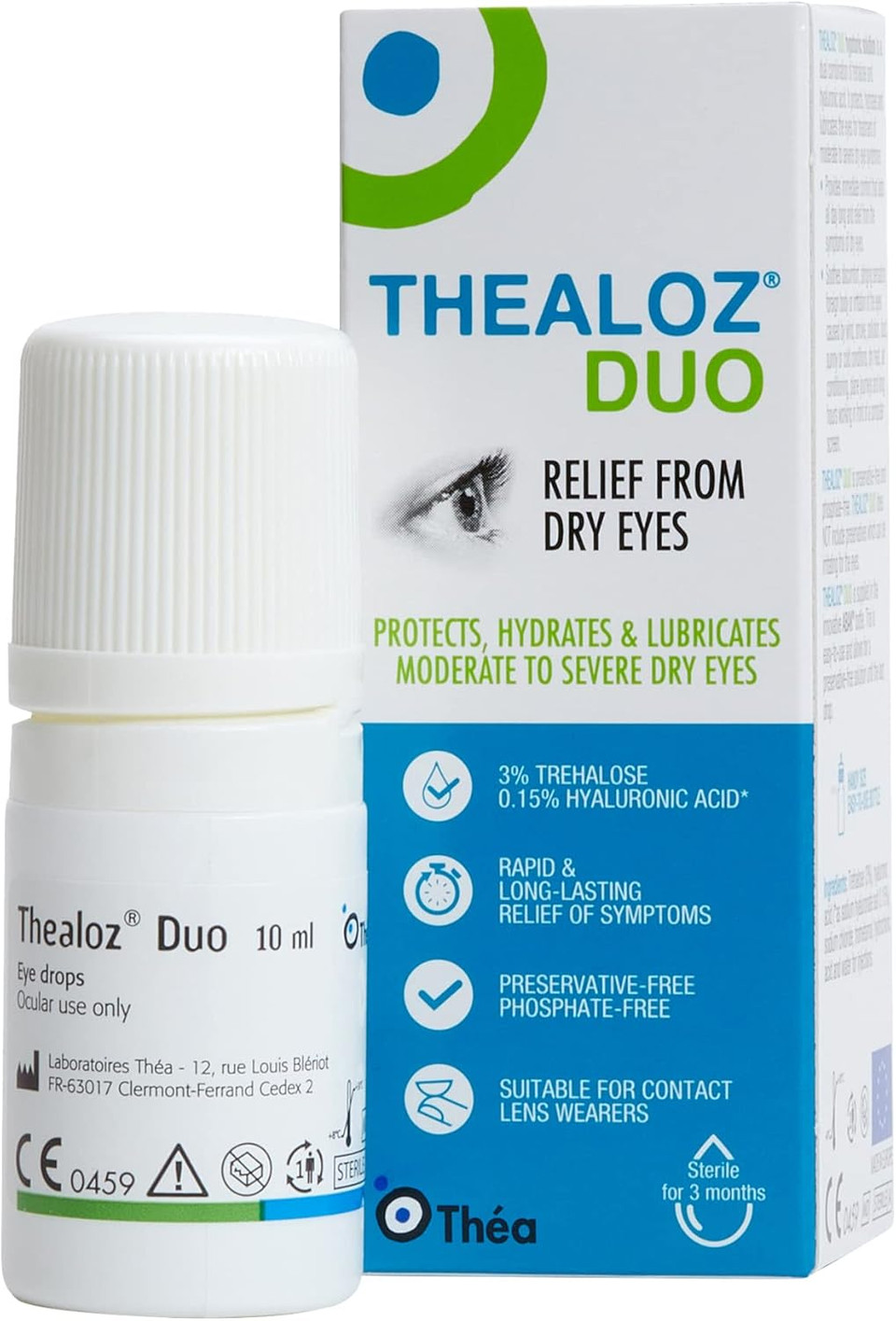 Dry Eye and Eye Cleansing Bundle for Sensitive Eyes - Thealoz Duo Eye Drops for Long Lasting Relief, 10 ml & Blephagel Eyelid Cleansing Gel, Gentle Formula to Refresh Sensitive Eyelids, 30g