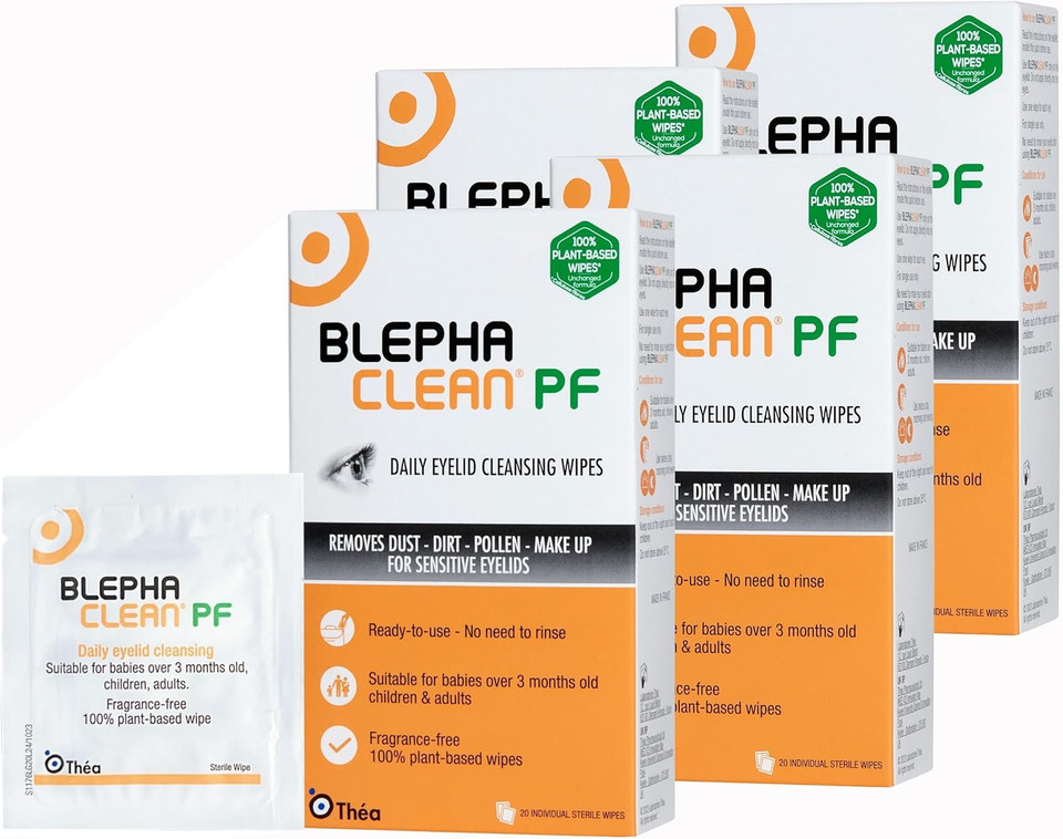 80 Blephaclean PF Daily Eyelid Wipes - Gentle Cleansing for Eyelids and Skin Around the Eyes | Suitable for Babies (over 3 months old), Children and Adults | 20 Sterile Plastic-Free Wipes x 4 packs 80 Blephaclean PF Daily Eyelid Wipes - Gentle Cleansing for Eyelids and Skin Around the Eyes | Suitable for Babies (over 3 months old), Children and Adults | 20 Sterile Plastic-Free Wipes x 4 packs