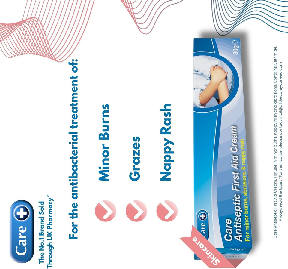 Care Antiseptic First Aid Cream, for Minor Burns, Abrasions and Nappy Rash, Suitable for All, Contains Cetrimide 0.5%, 30g Cream (Pack of 2)
