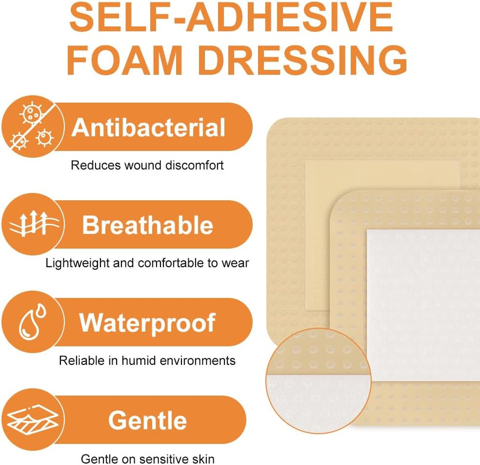 AOOWU Silicone Foam Dressing with Border, 10 Pcs Adhesive Waterproof Central Ultra Absorbent-Foam (10 cm x 10 cm), Waterproof Dressings for Wounds, Foam Dressing for Wounds, Silicone Wound Dressing
